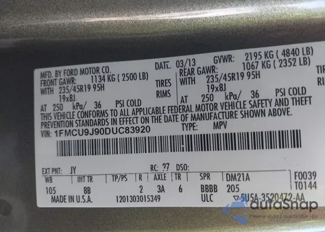 2013 Ford Escape Titanium z USA, uszkodzony, nr VIN 1FMCU9J90DUC83920